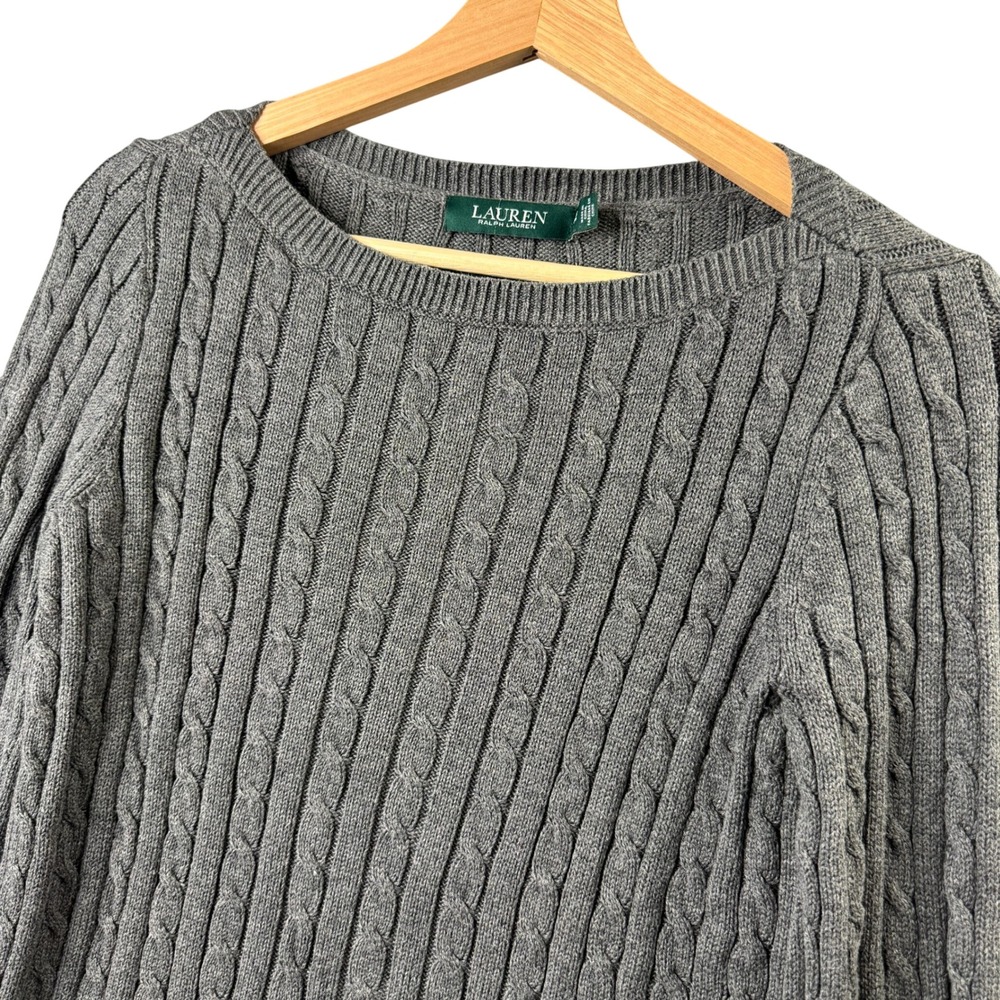 Lauren Ralph Lauren Gray Cable Knit 100% Cotton Boat Neck Sweater Womens Small